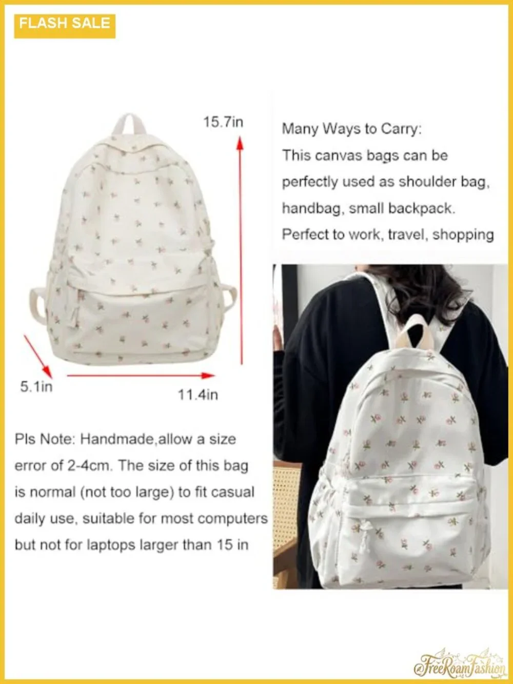 Waterproof Floral Canvas Backpack Women Fashion Rucksack Daypack Multi-Pocket